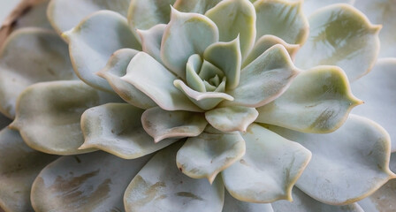 A group of miniature juicy flowers in a ceramic pot in the form of a house on the windowsill. Close-up of the green tops of the echeveria plant. Flowering Indoor Plants. Succulents.