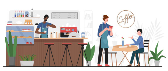 Coffee shop, cafeteria or restaurant interior with barista behind bar counter, customer. Cartoon man sitting at table of cafe, making order to waiter flat vector illustration. Catering service concept
