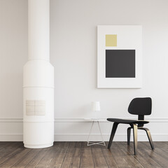 Black chair in the white room and fireplace - 3D rendering