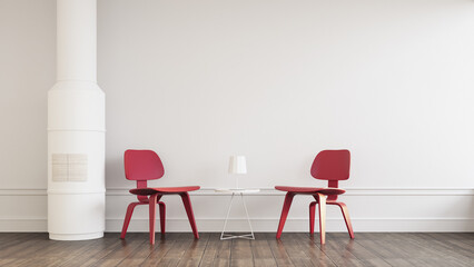 Fototapeta premium Red chair in the white room and fireplace - 3D rendering