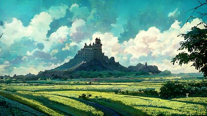 Fototapeta premium Peaceful and romantic landscape in anime or colored manga artstyle depicting panoramic view on nature and weather