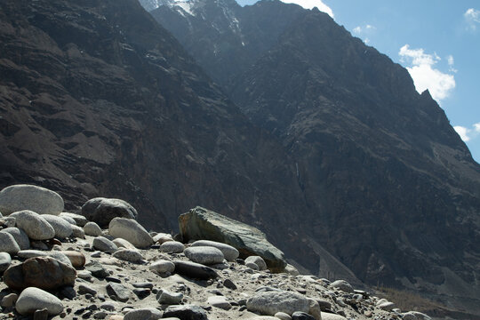 Various Types Of Rock Stones Piled Up In front Of Rocky Mount Everest The Gigantic Himalaya Mountain Range In Ladakh And Leh, India
