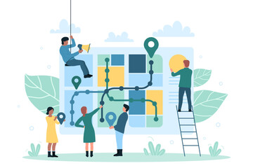 GPS navigation, geolocation system and local search. Cartoon tiny people orienteering on place to find route, road or address on city map flat vector illustration. Travel, location app concept