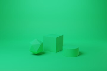 Various geometric shapes in green color. 3d rendering scene with simple geometric elements. Abstract monochrome product podium background