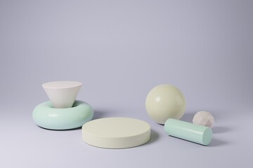 Multicolor geometric shapes in 3d rendering scene. Abstract podiums for business presentations etc.