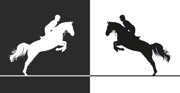 Horse jumping. Black and white silhouette vector images rider on jumping horse