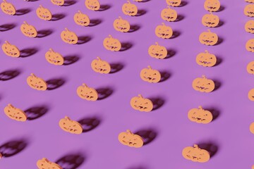3d render pumpkin scary face silhouettes on a violet background. Modern creative 3d Halloween illustration. Horizontal trendy Halloween 3d background