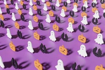 Plakat 3d render Halloween symbols on a violet background. Modern creative 3d Halloween illustration. Trendy Halloween 3d background concept