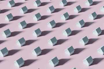 3d render light blue house models in pattern on a pink background. Modern real estate concept 3d illustration. Realistic tiny house model in minimal background