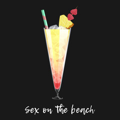 Alcoholic cocktail sex on the beach on black background. Bar drink, beverage in glass for menu. Vector illustration