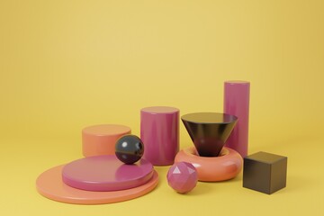 Multicolor geometric shapes in 3d rendering scene. Abstract product podiums for business presentations etc. in trendy colors
