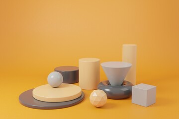 Multicolor geometric shapes in 3d rendering scene. Abstract product podiums for business presentations etc. in trendy colors