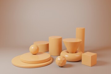 Orange geometric shapes in 3d rendering scene on a grey background. Abstract product podiums for business presentations etc. in trendy colors
