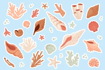Poster Cute sea shells sticker set vector illustration. Cartoon beach or underwater objects and tropical marine animals collection, badges with little starfish and scallop, clam and coral, water bubbles © Flash concept