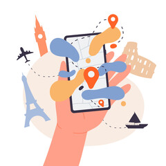 Virtual guide app for travel destination search. Cartoon tourists hand holding mobile phone with city map and road direction on display flat vector illustration. Online service, tour guidance concept