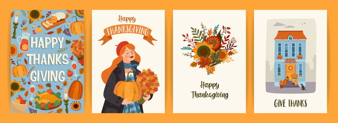 Happy Thanksgiving illustrations. Set of vector designs for card, poster, flyer, web and othe