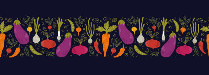 Lovely hand drawn vegetables seamless pattern, healthy doodle background with carrots, eggplants, onions - vector design
