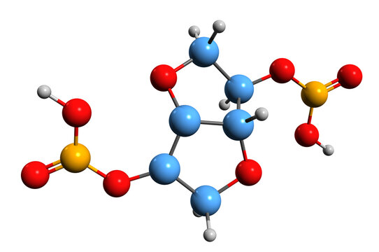  3D image of Isosorbide dinitrate skeletal formula - molecular chemical structure of heart failure medication isolated on white background