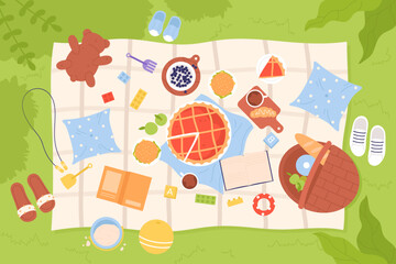 Summer family picnic on green grass of park, field or garden, top view vector illustration. Cartoon cloth blanket with basket and plates with food, sandwiches and pie snacks on tablecloth background