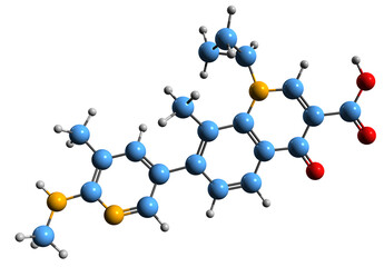 3D image of Ozenoxacin skeletal formula - molecular chemical structure of Impetigo medication isolated on white background