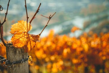 Closeup of a yellow wine leaf on a wooden post with an autumn vineyard in the blurred background