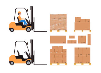 Man driving forklift truck and loading boxes on wooden pallet, flat vector illustration isolated on white background.