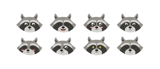Obraz premium Funny raccoon mouth emojis collection flat cartoon vector illustration isolated.