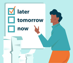 Procrastination concept. Lazy character laying or sleeping