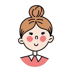 Hand drawn line cartoon female portrait. The face of a sweet smiling girl with pink cheeks. Vector print for clothes, posters, postcards, stickers.