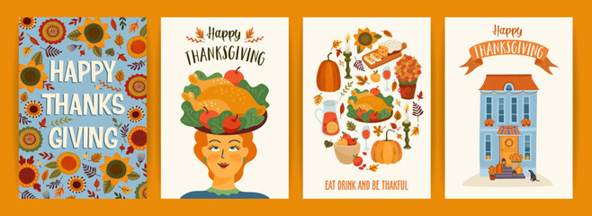 Happy Thanksgiving illustrations. Set of vector designs for card, poster, flyer, web and othe