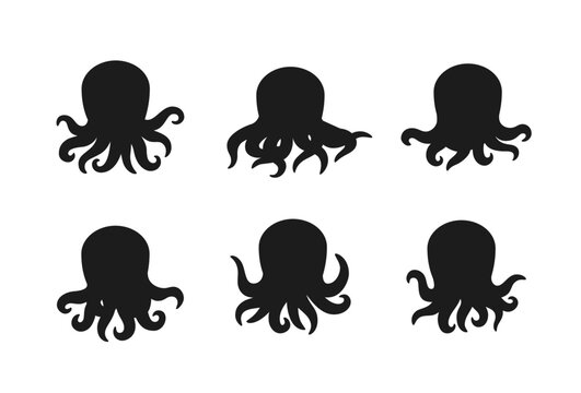 Set of silhouettes of an octopus with tentacles on a white background. Black octopus vector flat illustration.