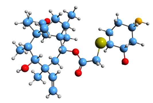  3D image of Lefamulin skeletal formula - molecular chemical structure of antibiotic medication isolated on white background

