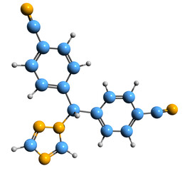 3D image of Letrozole skeletal formula - molecular chemical structure of aromatase inhibitor isolated on white background