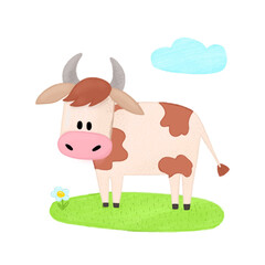 Cute cow animal. spotted cow standing on green