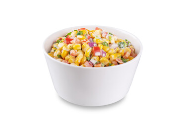 Mexican street corn salad in a bowl on a white isolated background