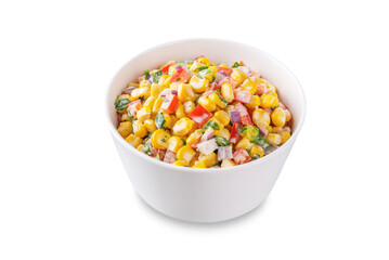 Mexican street corn salad in a bowl on a white isolated background