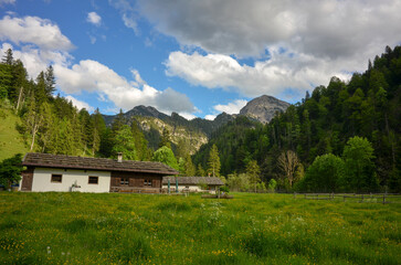 Fototapeta na wymiar idyllic mountain huts at Schwarzachenalm near Ruhpolding, Bavaria