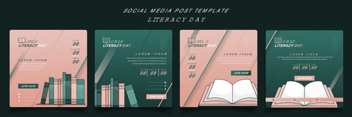 Set of social media post with bookshelf design in green and pink background for literacy day design