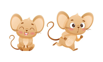 Obraz na płótnie Canvas Little Mouse Character with Long Tail and Big Ears Laughing and Running Vector Set