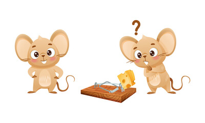 Little Mouse Character with Long Tail and Big Ears Standing and Thinking at Trap with Cheese Slab Vector Set