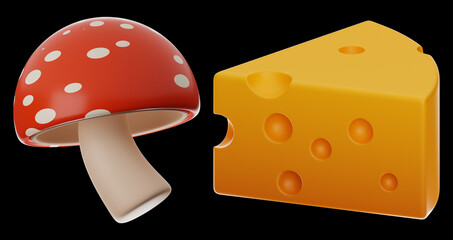 mushroom and cheese food icon 3d rendering on isolated background