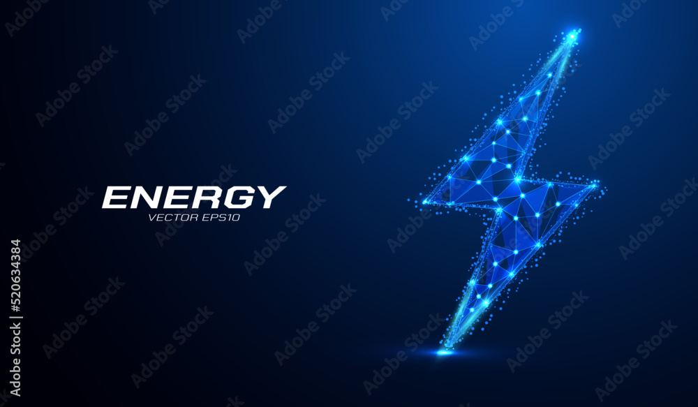 Aufkleber Abstract low poly energy symbol, lightning sign wireframe. Blue background glow lines, dots 3D connection structure style vector.
