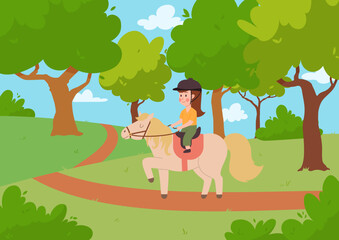 Obraz na płótnie Canvas Girl riding horse in park or forest, child jockey on pony - cartoon flat vector illustration.