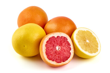 White and pink grapefruits, isolated on white background.