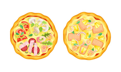 Appetizing Italian Pizza as Round Hot Dough Topped with Seafood, Tomato and Mushroom Above View Vector Set