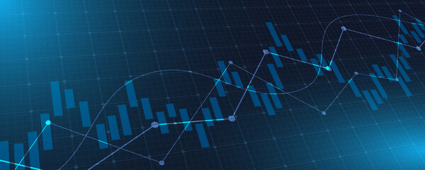 Widescreen abstract financial chart with uptrend line graph in stock market on blue color background
