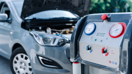 Car air conditioning ac repair service. Refill automobile ac compressor and checking auto conditioning system. Auto car conditioner diagnostic.