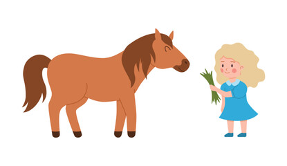 Child feeding grass pony horse, flat cartoon vector illustration isolated.