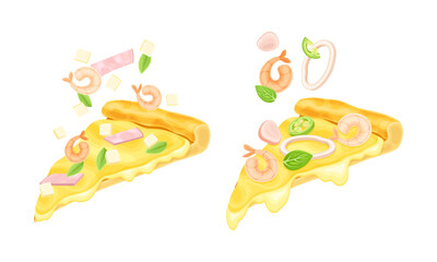 Appetizing Italian Pizza Slices with Melting Cheese as Hot Dough Topped with Shrimp and Wurst Vector Set