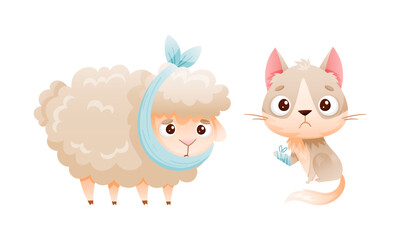 Sick Sheep and Cat Animal with Bandage on Paw and Head Vector Set